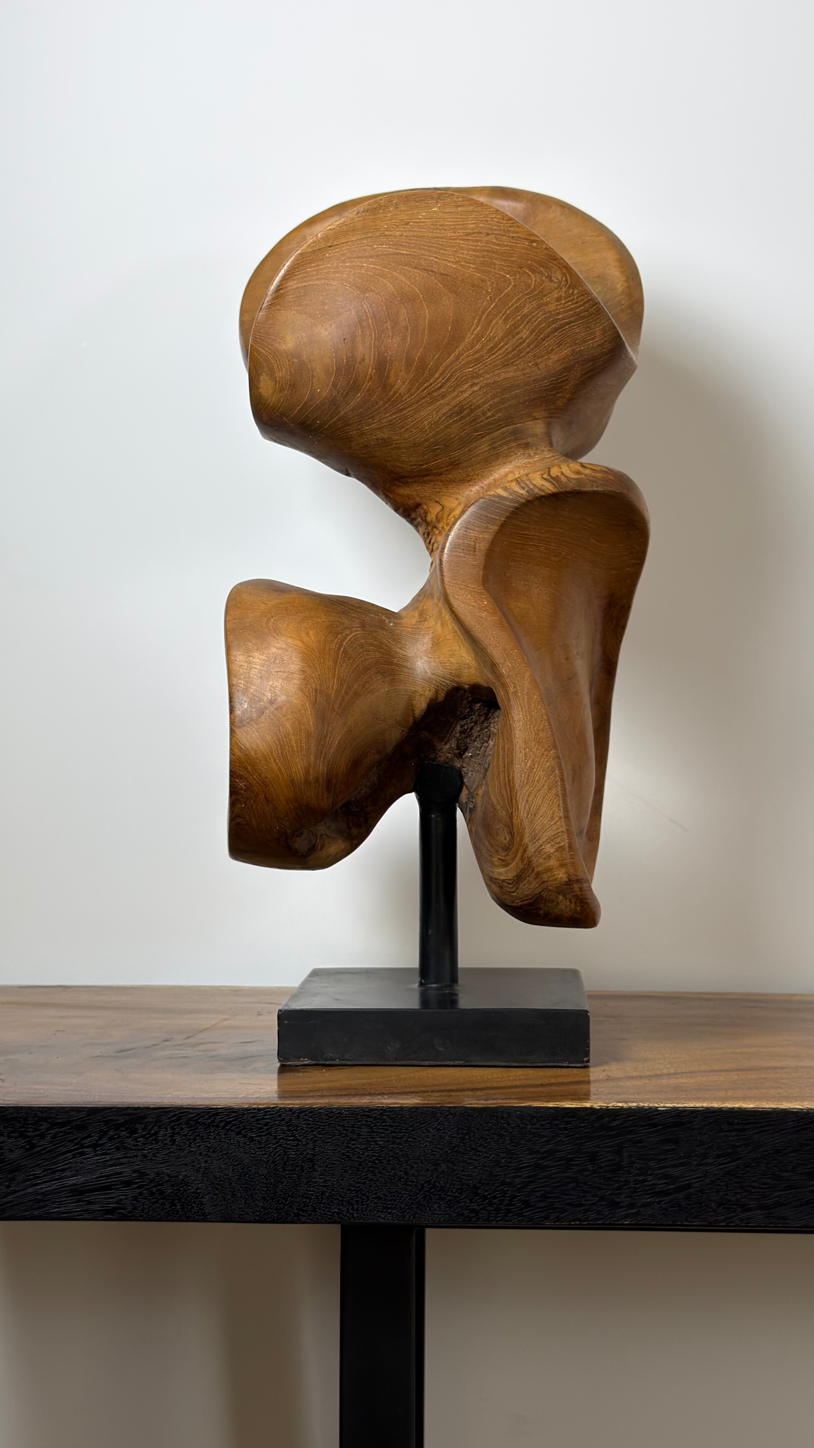 Sculpture Abstraite en Bois de Teck sur Socle Métallique